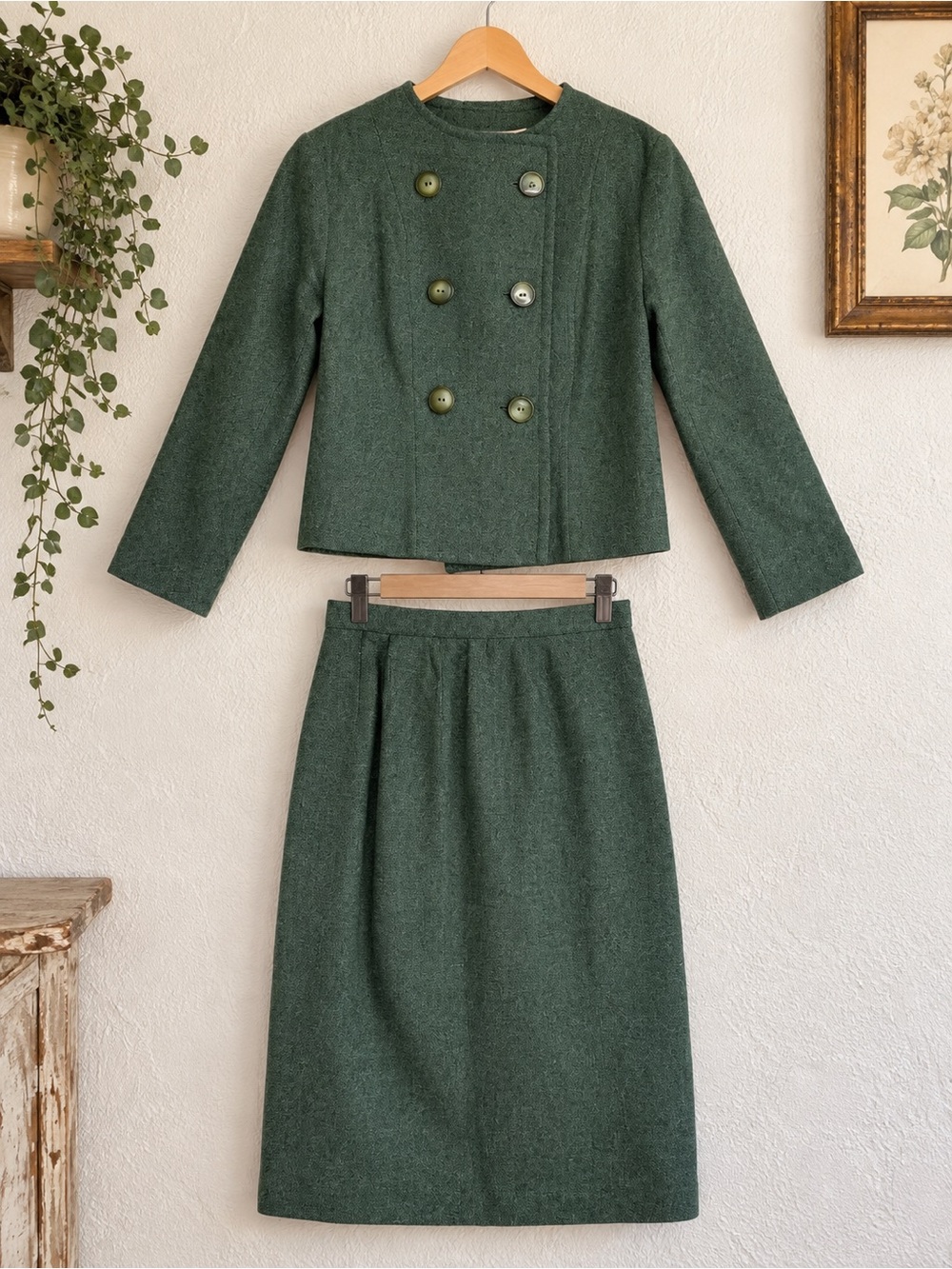 Vintage 1960s Green Wool-Like Skirt Suit Set Double Breasted Jacket Medium